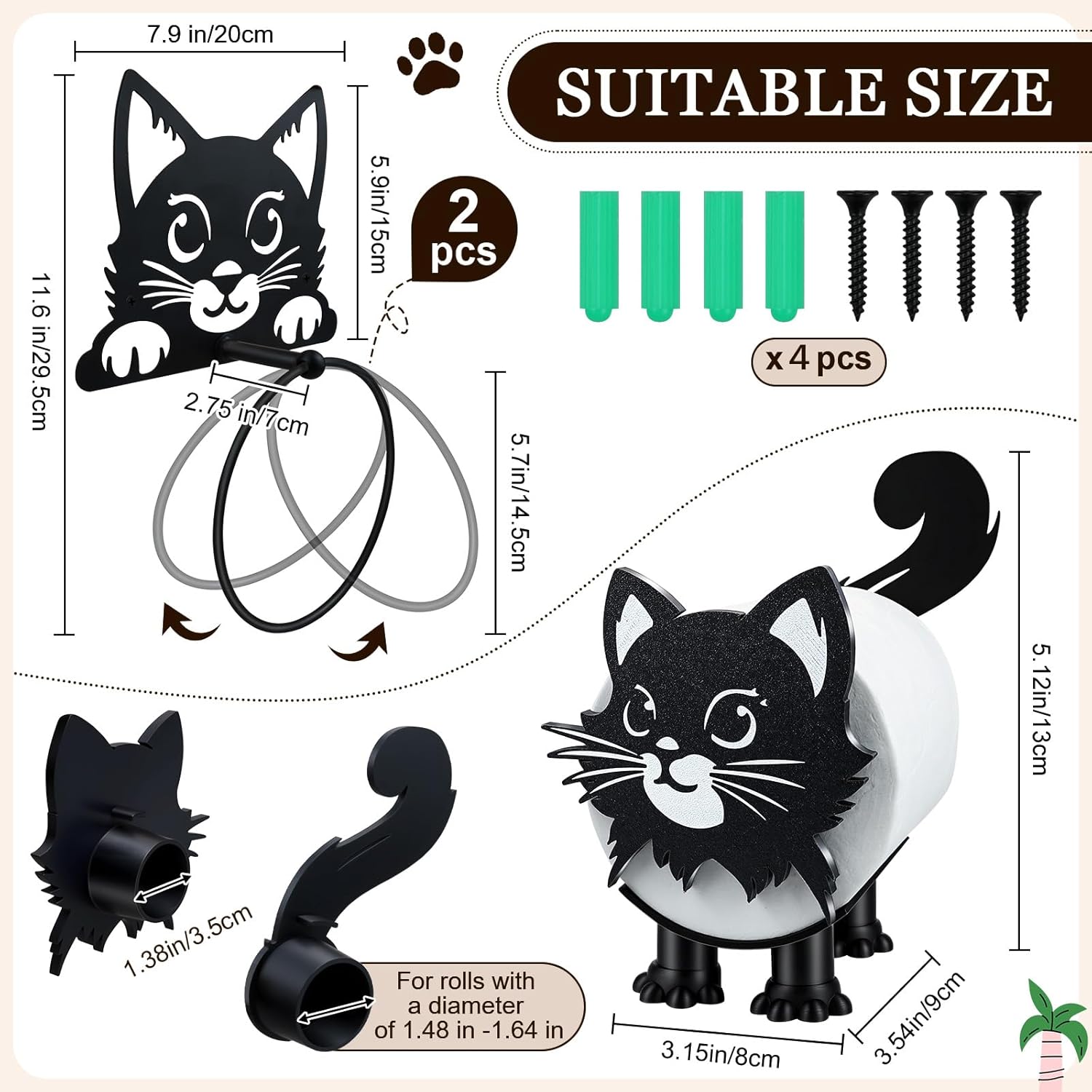 3 PACK Cat Toilet Roll Holder And Cat Metal Towel Ring 3D Printed Black Cat Paper Towel Holder Cat Bathroom Decor Funny Toilet Paper Holder Cat Bathroom Set of 3 Christmas Thanksgiving Gifts for Women