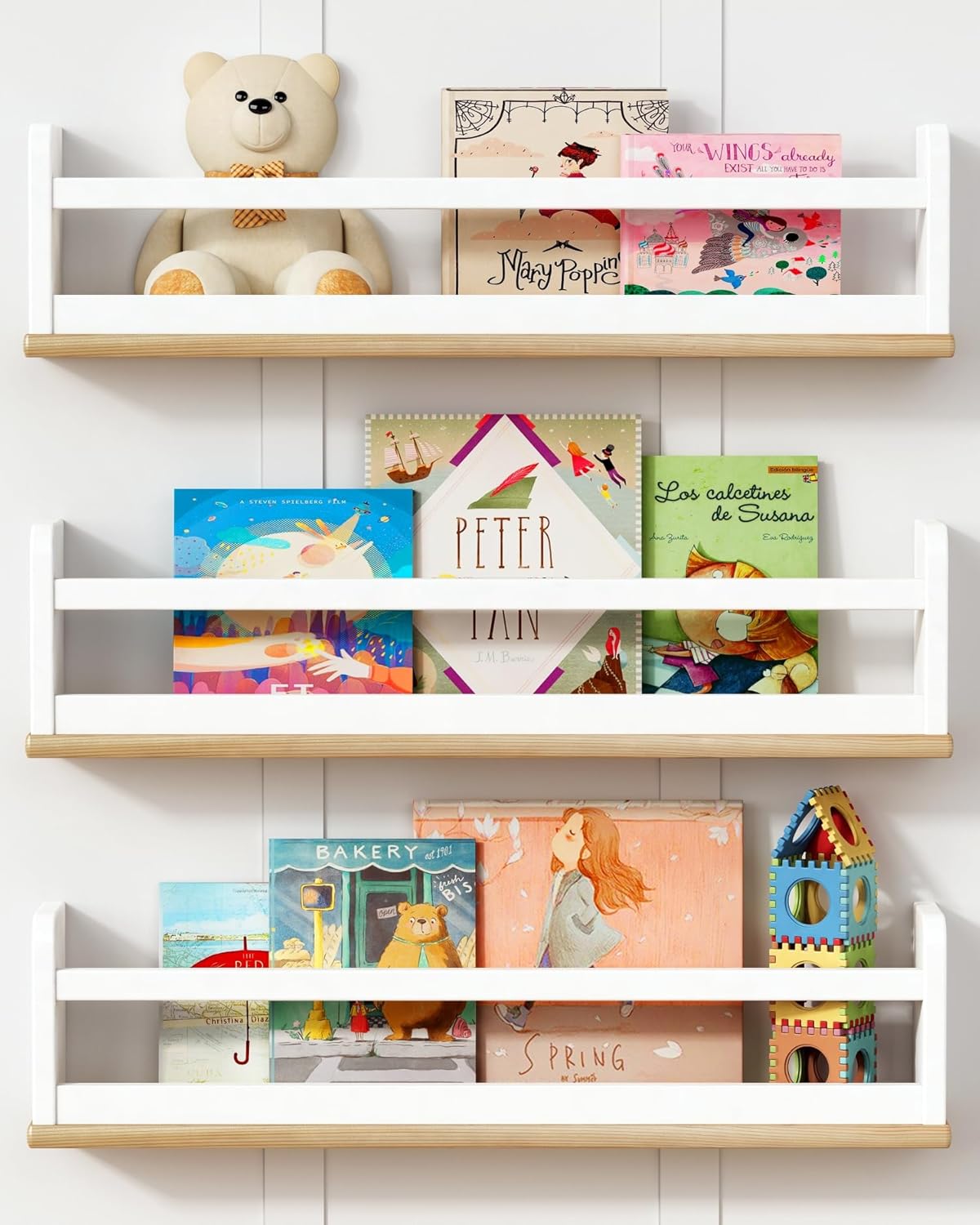 Nursery Floating Book Shelves for Wall, 24 Inch Long Wall Bookshelf for Kids Room, White and Natural Wood Baby Toddler Child Hanging Bookshelves for Kids Bathroom Bedroom (Upgraded Set of 3) 23.6 Inch White and Natural