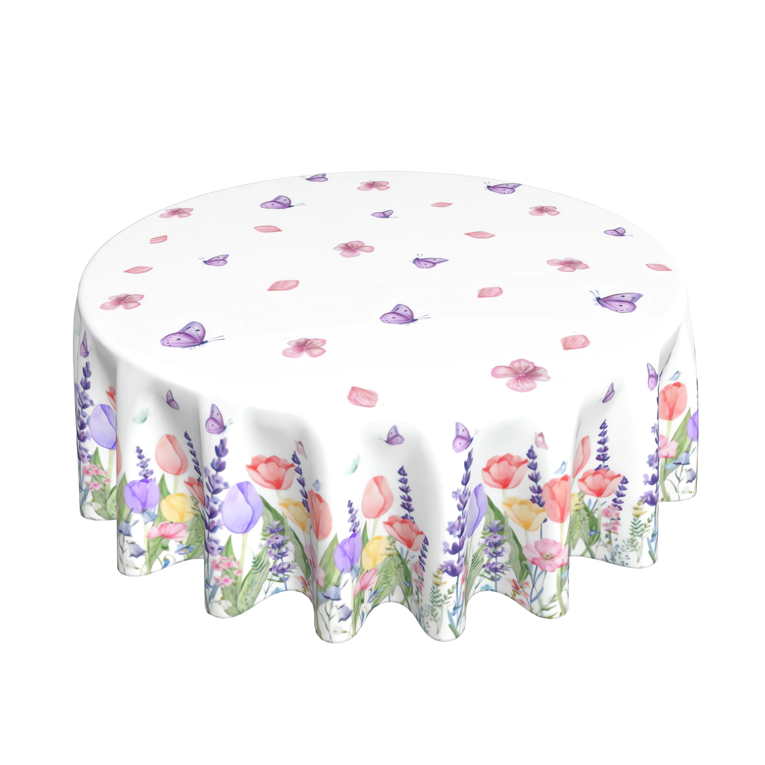 Yxuiyal Spring Summer Floral Tablecloths 70 Inch Easter Lavender Tulip Wild Flower Decorative Round Tablecloth Polyester Washable Reusable Table Cover