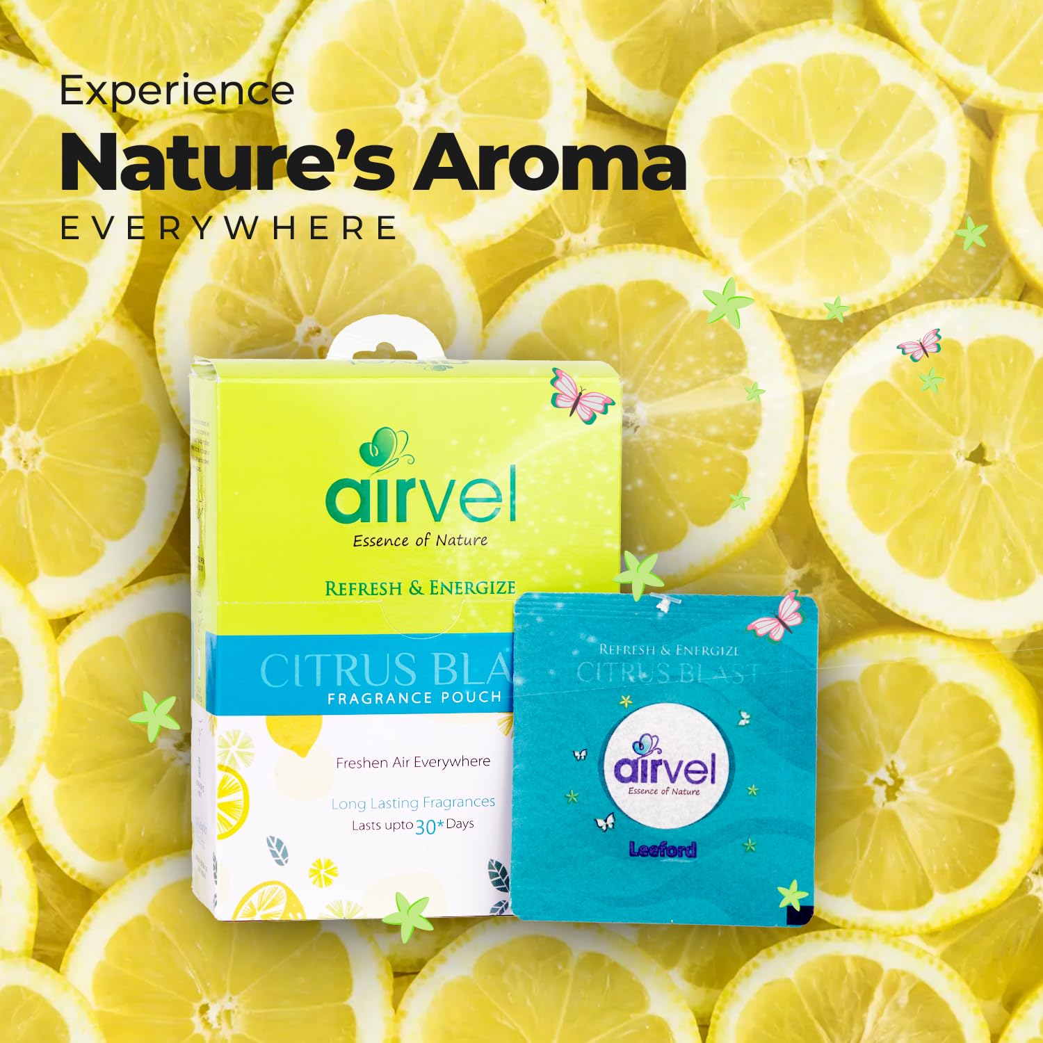 Airvel Citrus Blast Fragrance Pouch 6 Pcs (10g each) | Bathroom Freshener | Toilet Freshener | Air Freshener for Bathroom and Toilet | Non-Toxic, Safe | Long-Lasting Freshness Up to 30 Days