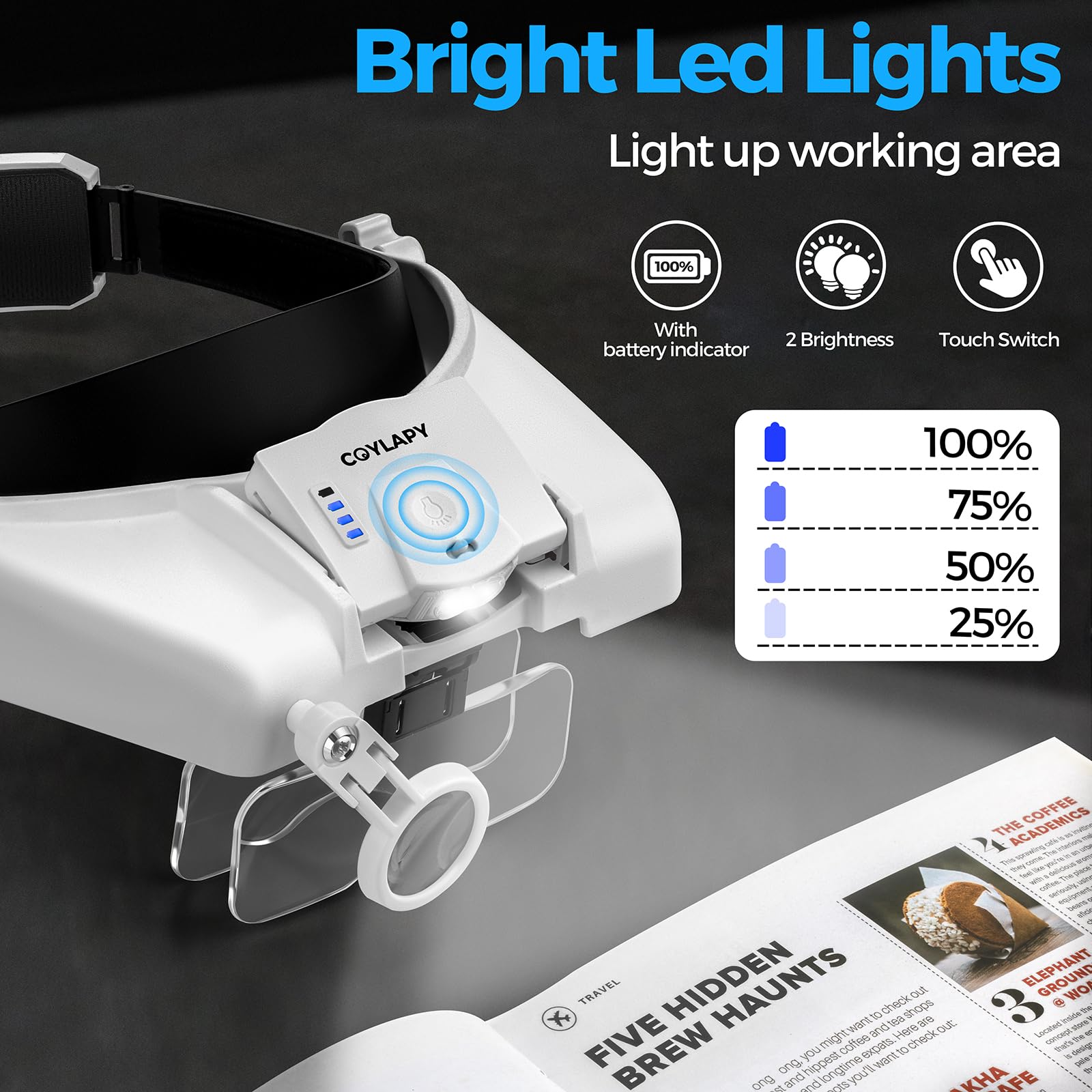 Lupe mit Licht, Kopfbandlupe für Naharbeit, 1x - 14x Freisprech-Vergrößerung Headset mit 5 Linsen & Zwei LED-Lampen, Juwelierlupe Visierkopflupe für Hobby, Handwerk