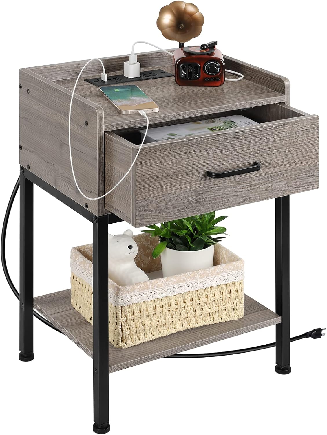Rustic Nightstand with Charging Station
