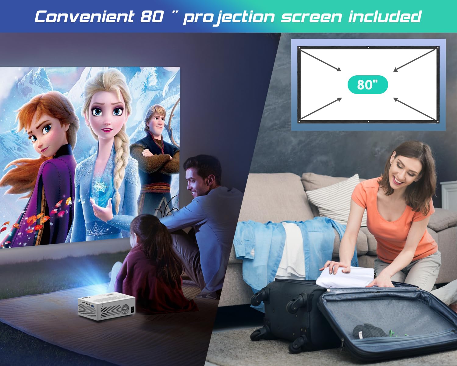 TMY Projector with WiFi and Bluetooth【80" screen included】Native 1080P Outdoor Projector, 4K Supported Portable Projector, Compatible with iOS/Android/PC/TV Stick/HDMI/USB, Indoor Outdoor Use - 4