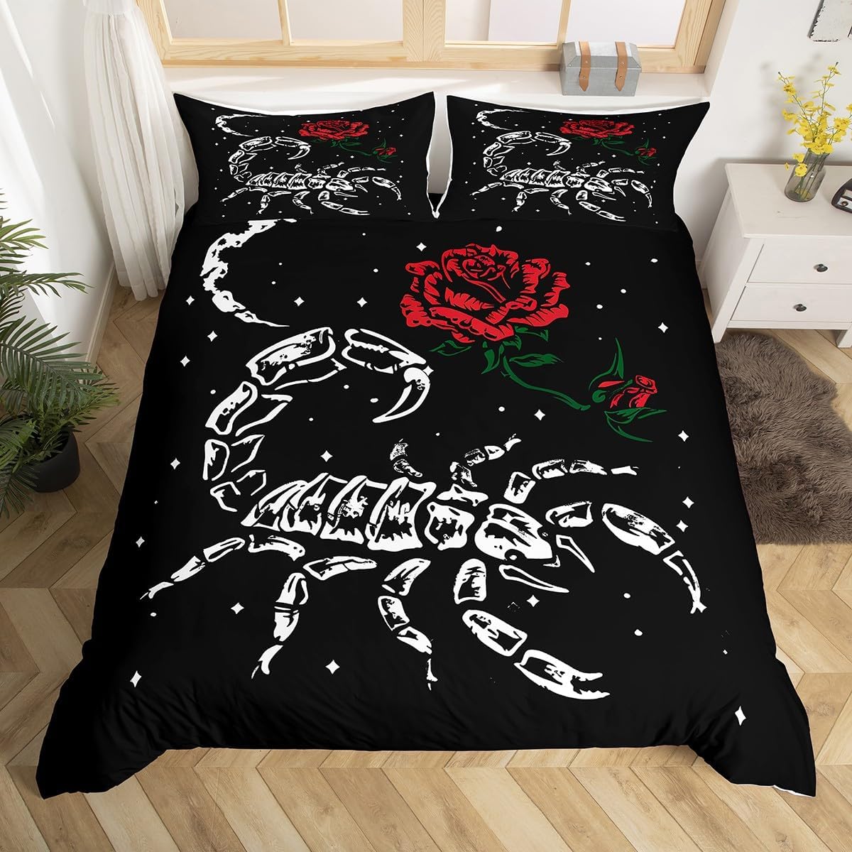 Scorpion Duvet Cover King,Moon Rose Bedding Set Zodiac Scorpio Comforter Cover Abstract Scorpion Tattoo Animal Horoscopes Quilt Cover Scorpius Monochrome Sign Sketch Art Decor Black and White