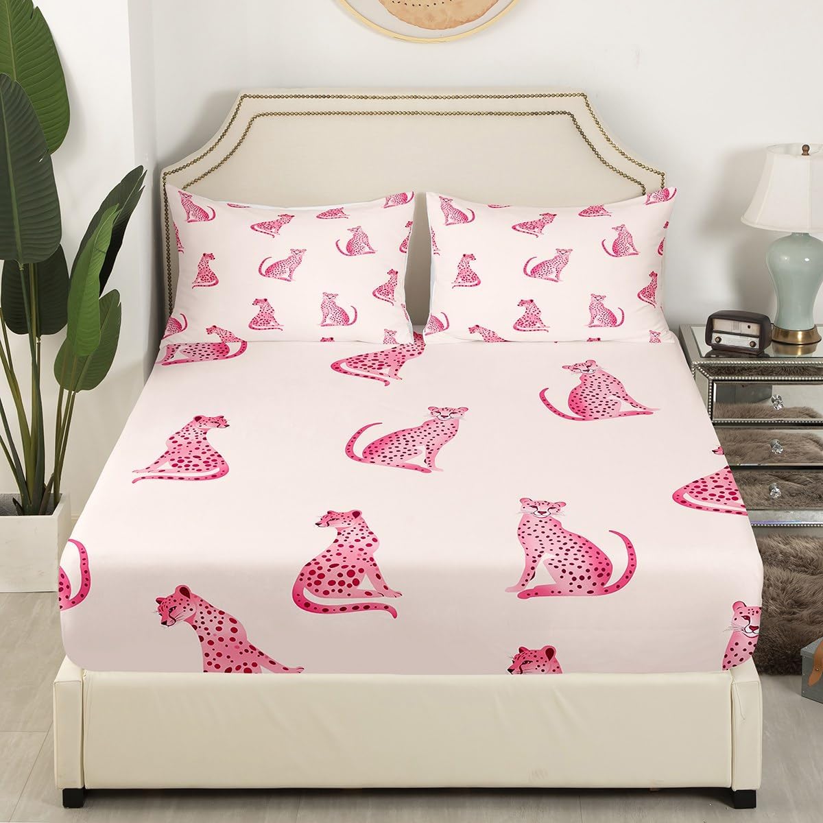 jejeloiu Cheetah Bedding Set Kids Pink Leopard Bed Sheets Set Twin Size Wild Animal Fitted Sheet for Women Men Safari Room Decor Breathable Soft Lightweight Microfiber with 1 Pillow Case