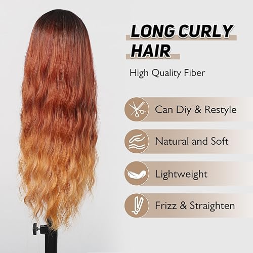 Miniatura 5 de testar Pelucas de jengibre con flequillo, pelucas largas onduladas para mujeres blancas, peluca sintética rizada ondulada para niñas, uso diario,