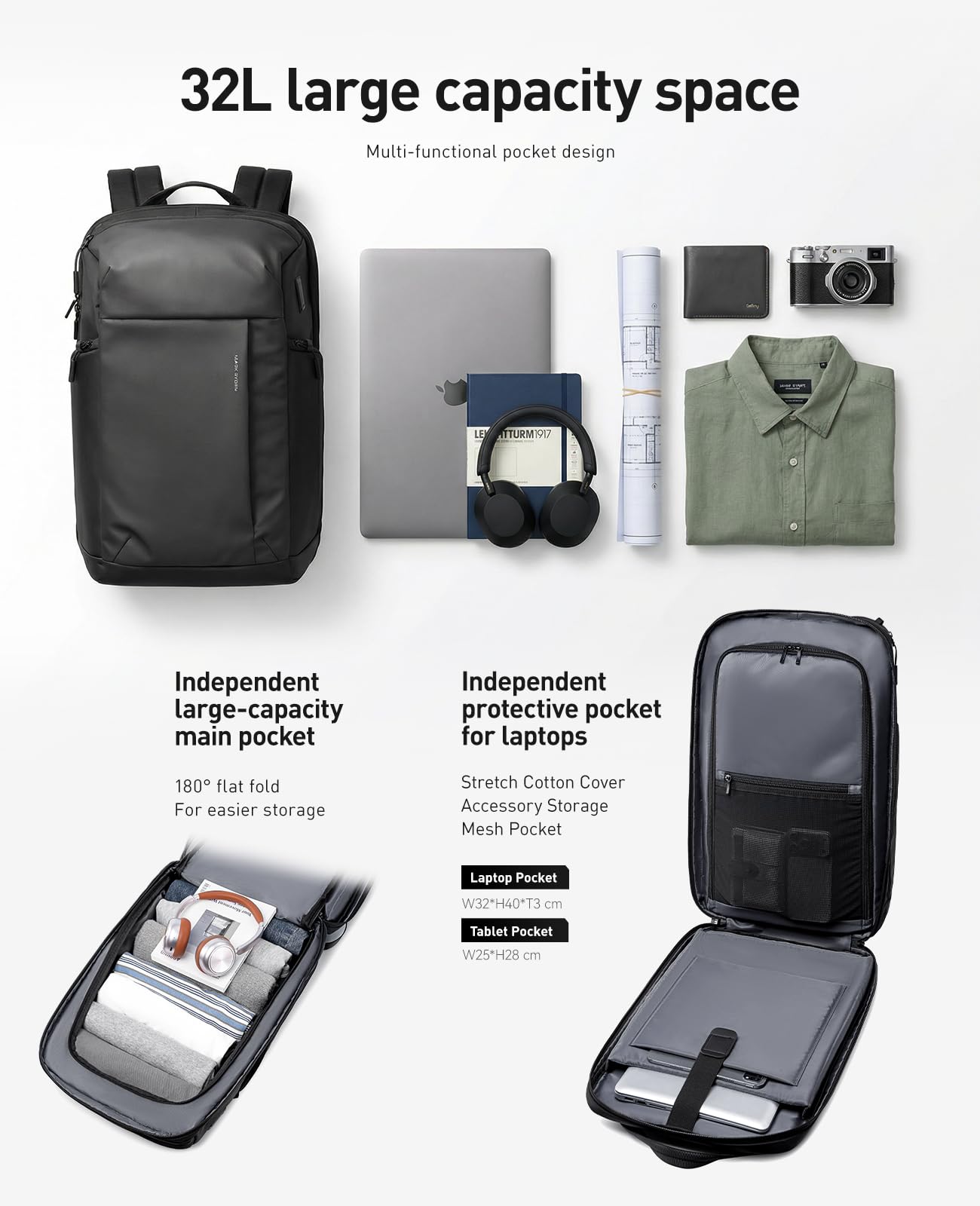 MARK RYDEN ODIN Anti-Diebstahl Rucksack, 32L für Reiserucksack, Handgepäck & Tagesrucksäcke, Arbeitstasche Herren Laptop Rucksack 15 Zoll Business Rucksack Herren