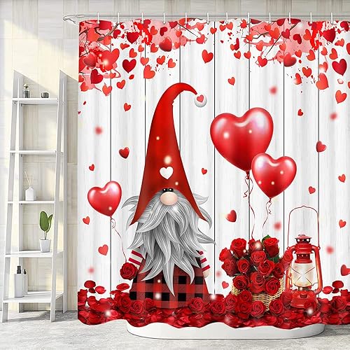 Cortina de ducha de San Valentín, cortina de baño de rosas para el día de San Valentín, romántica casa de campo de búfalo rojo, gnomos a cuadros,