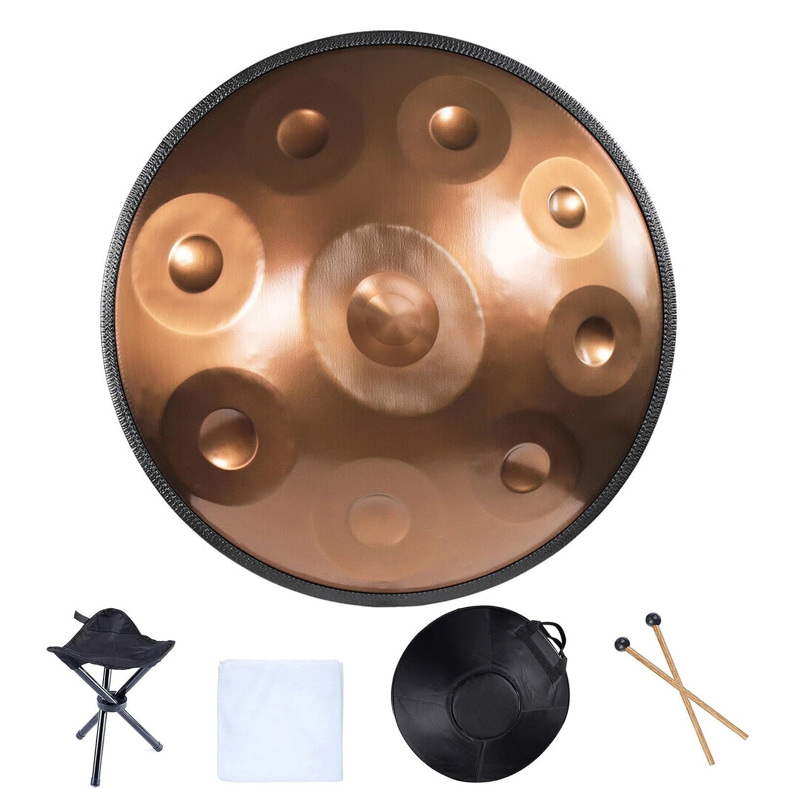 Złoty Handpan Instrument Perkusyjny Dla Dorosłych Stalowy Bęben Ręczny D-Mol Profesjonalny Bęben Handpan Z Torbą Do Przenoszenia Pałki Uchwyt Naklejki Nuty (440Hz, 9 nut)