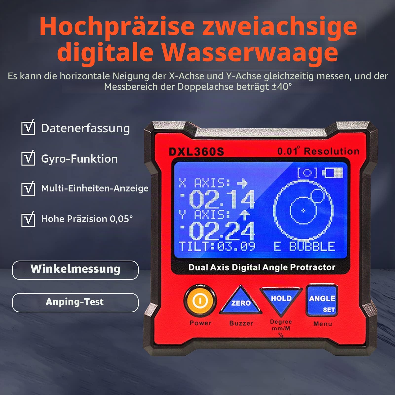 Winkelmesser Digital Box, DXL360S Dual Axis Digital Level Box, Digitaler Dual Achsen Wasserwaage Elektronische Neigungsmesser, Level Angle Finder für Holzbearbeitung Baugewerbe Automobilindustrie