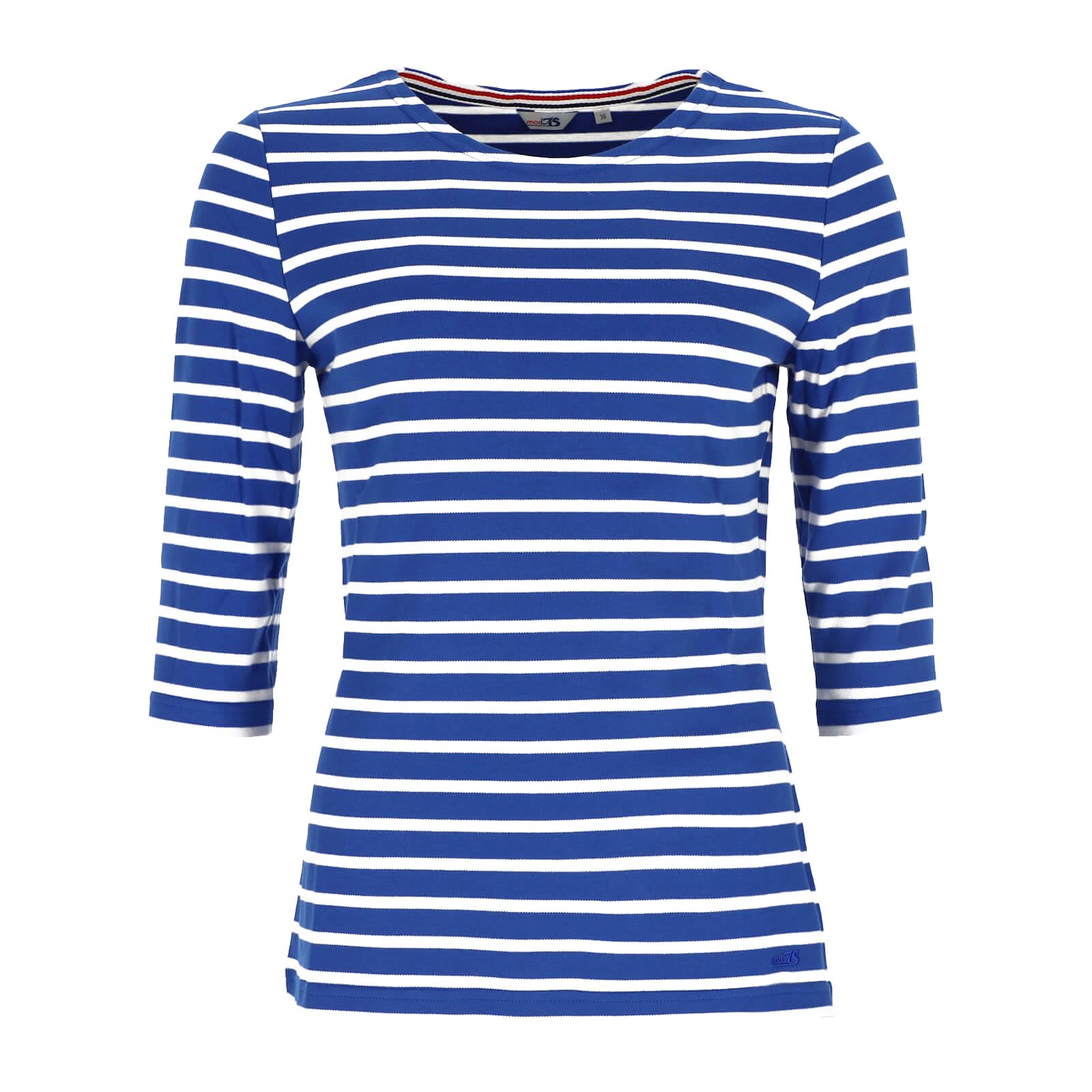 modAS Bretonisches Damenshirt mit 3/4-Arm - Streifenshirt Ringelshirt Basic Shirt Gestreift aus Baumwolle in Blaumelange/Weiß Größe 36