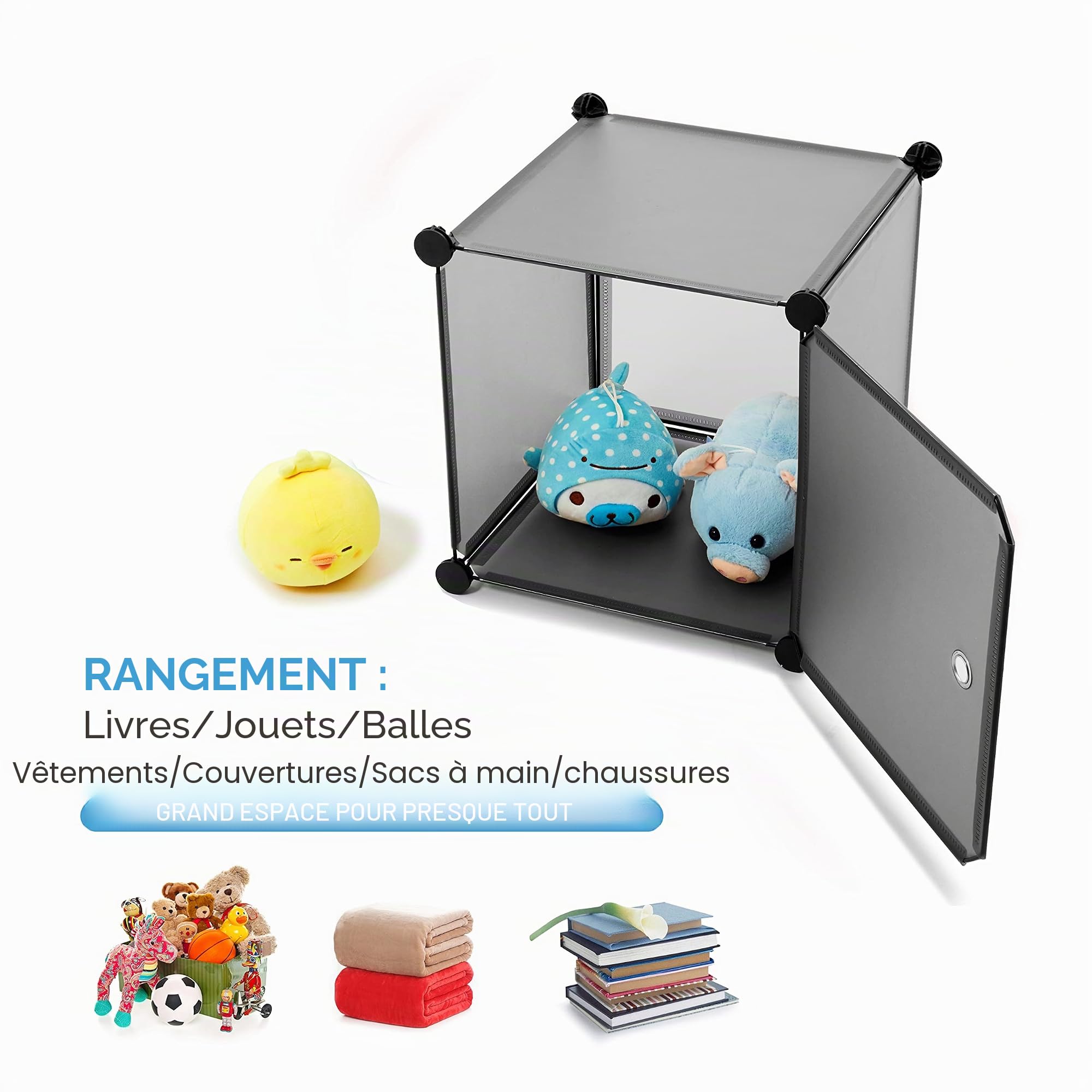 Mondeer Armoire Penderie Portable 20 Compartiments,Plastique,Modulaire,Gris | Étagère à Rangement avec Porte,Cubes de Stockage ,Crochet,Cadre en Acier,Vêtements, Accessoires, Jouets,Chambre