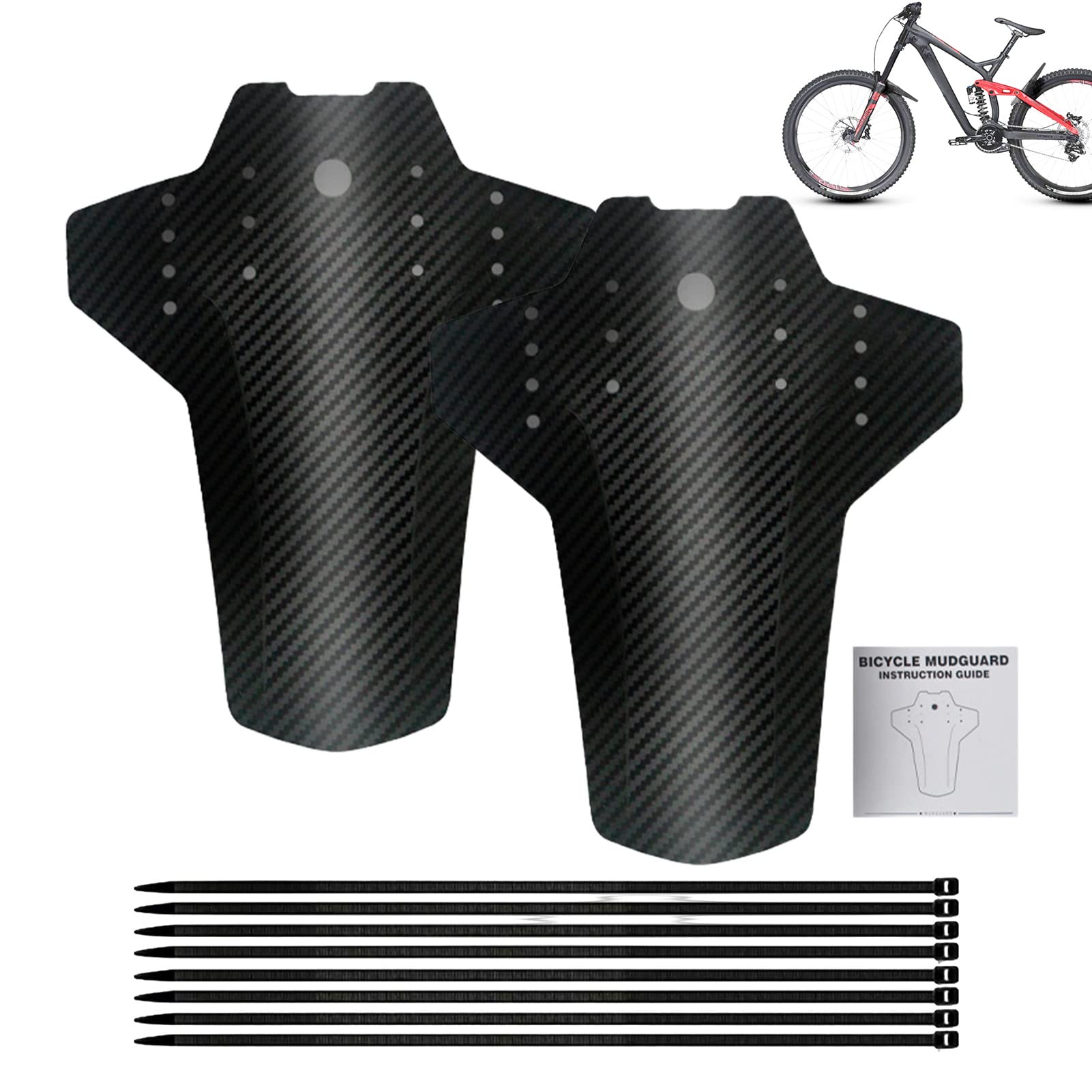 2 Parafanghi Per Mountain Bike – Anteriore E Posteriore, Universali Per 26/27,5/29 Pollici, In Plastica Con Motivo Carbonio, Con Fascette