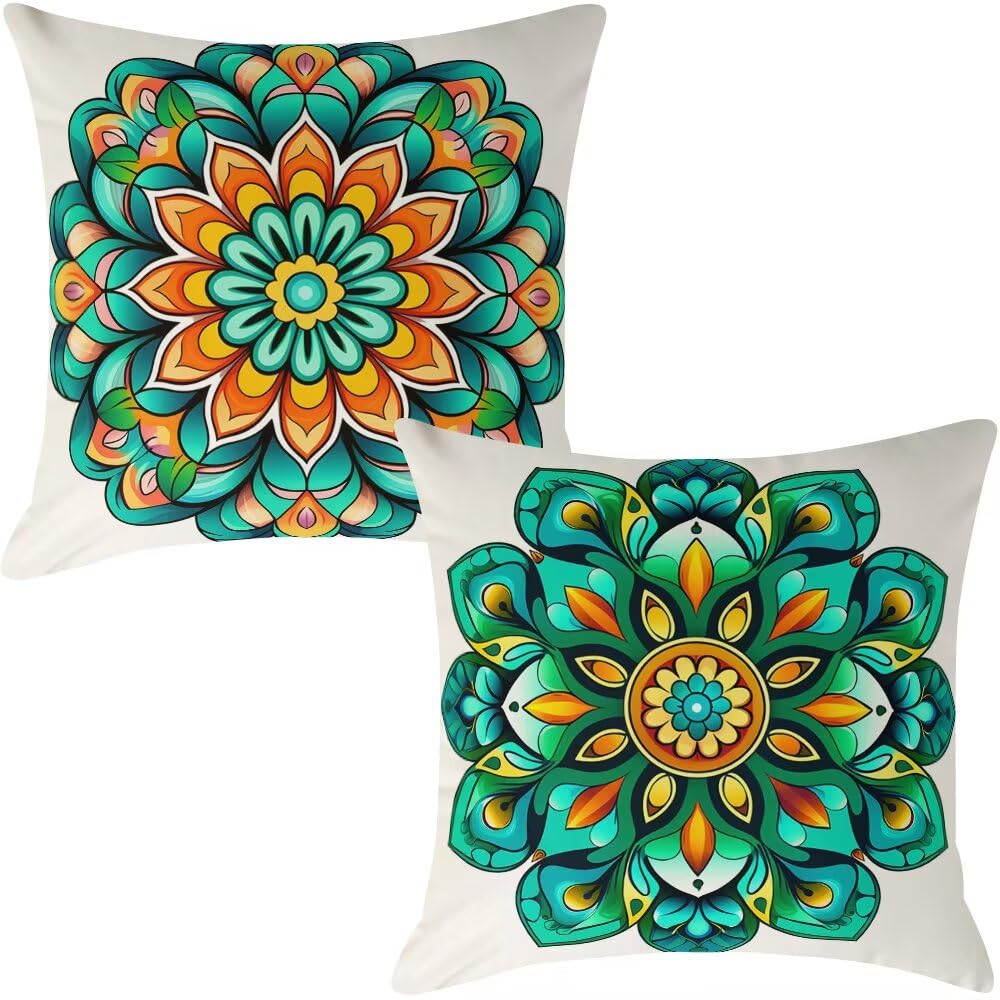 Federe Cuscini Divano 65x65 cm Federe Morbido Copricuscini Verde Smeraldo in Velluto, 2 Pezzi Copri Cuscini per Divano Boho Decorativi Federa Cuscino Mandala per Camera da Letto Soggiorno (IU7)
