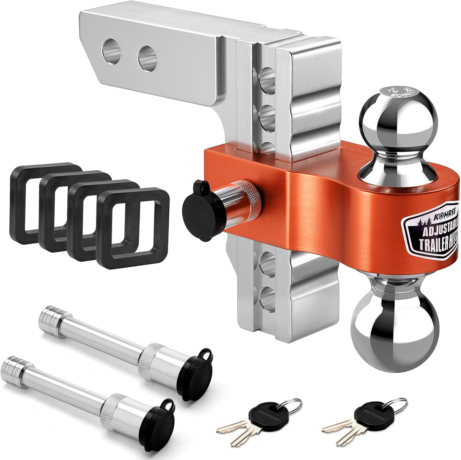 Kohree Adjustable Trailer Hitch Fit 2 Inch Receiver, Dual Solid Ball 2″ and 2-5/16″(12,500 LBS GTW), 6″ Drop & Rise Heavy Duty Aluminum Tow Hitch with 4 Silencer Pads & 2 Locking Hitch Pin, Orange