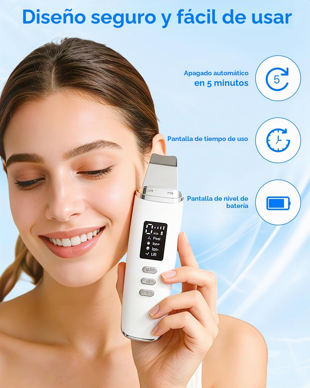 Peeling Ultrasonico Facial, Viene con 4 Modos Faciales e Intensidad Ajustable, Paleta Ultrasonica Facial Profesional, Luz Roja y Azul, Pantalla LED y Función de Apagado Automático