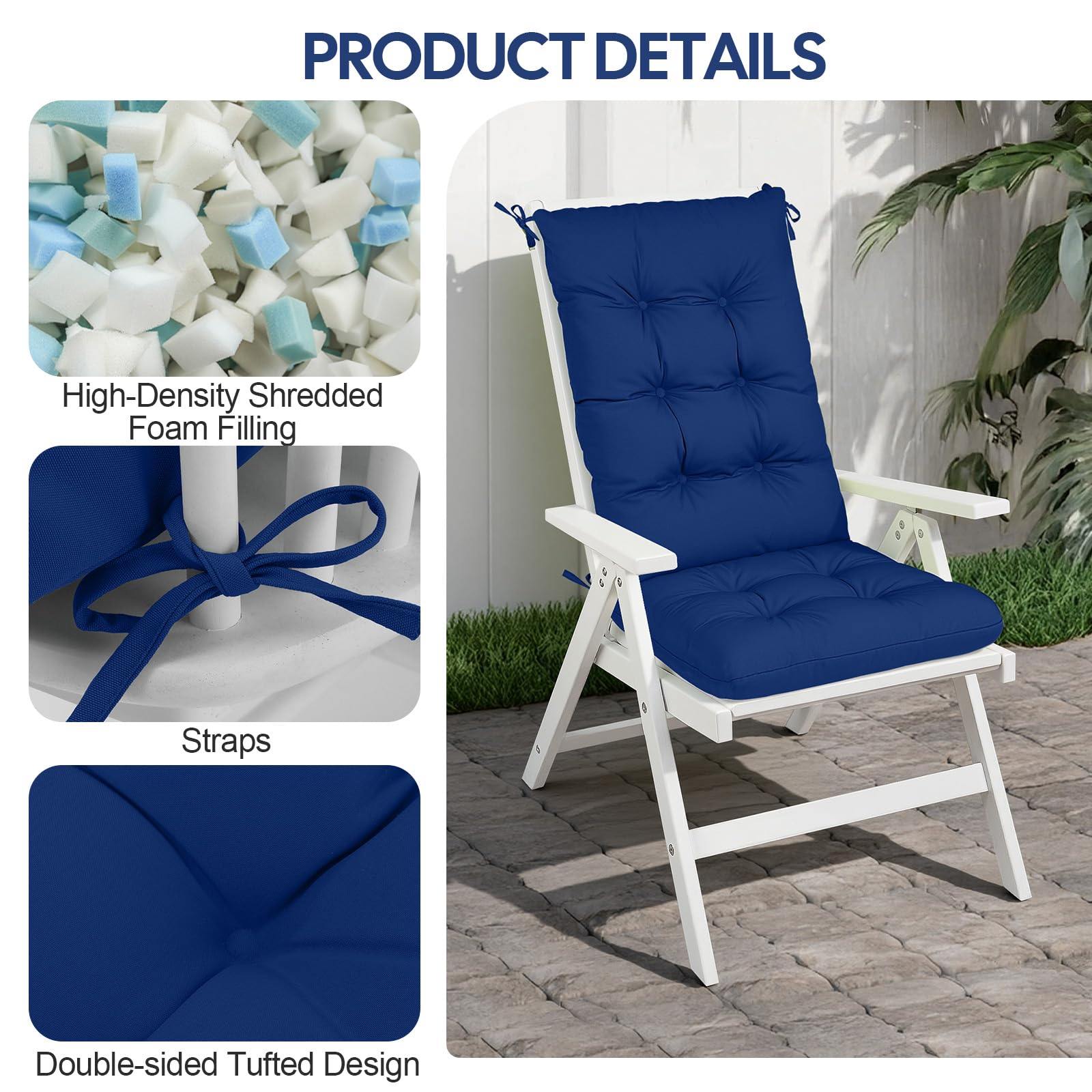 RIMEPATIO - Cuscino per sedia da esterno con schienale alto, 120 x 45 cm, spessore 8 cm, trapuntato, impermeabile, in rattan, con legacci, per sedie da giardino e patio, sedie a sdraio, blu