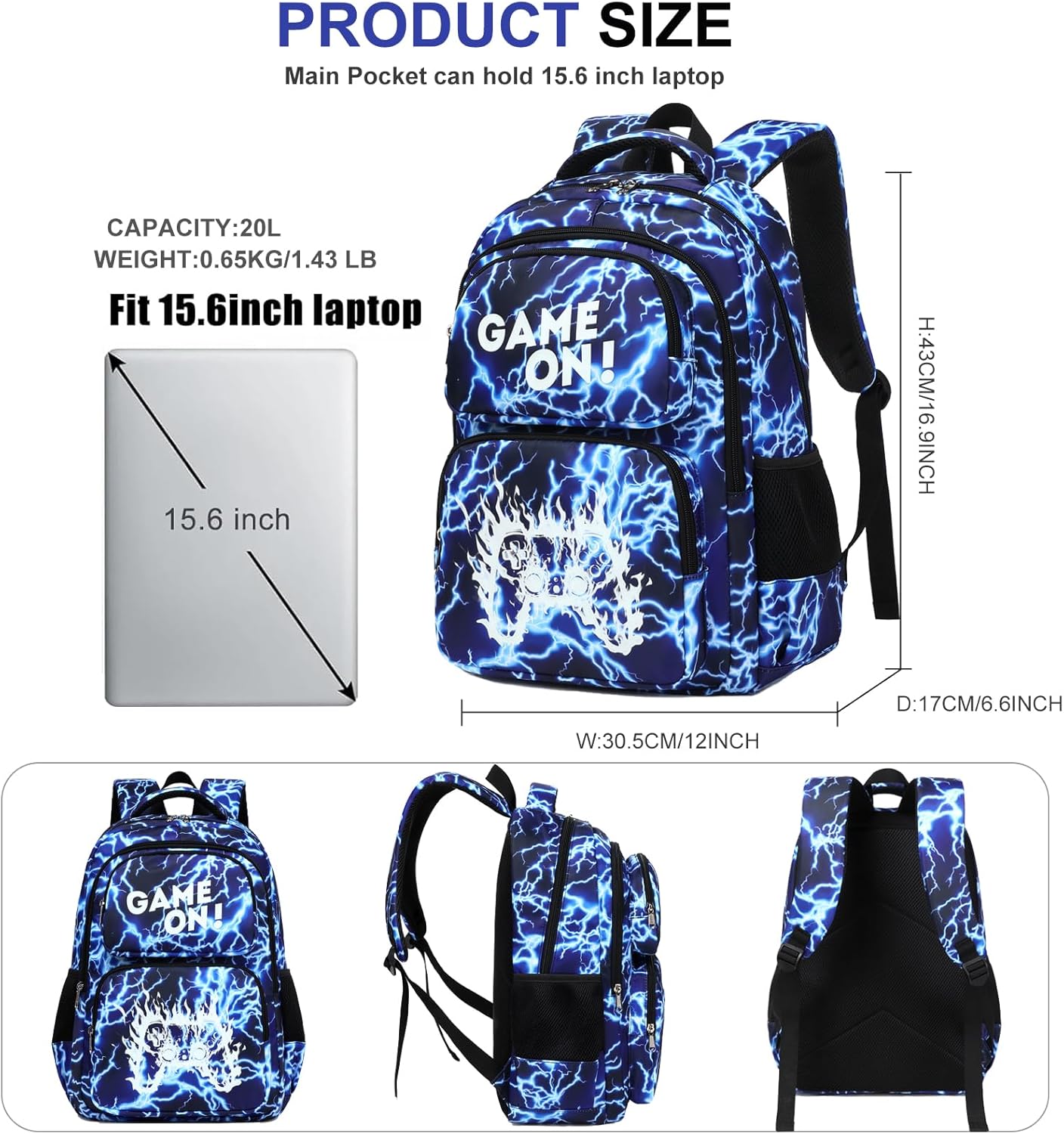 Octsky School Backpack for Boys, Kids Flame Game Bookbag with Lunch Box, Luminous Lightning