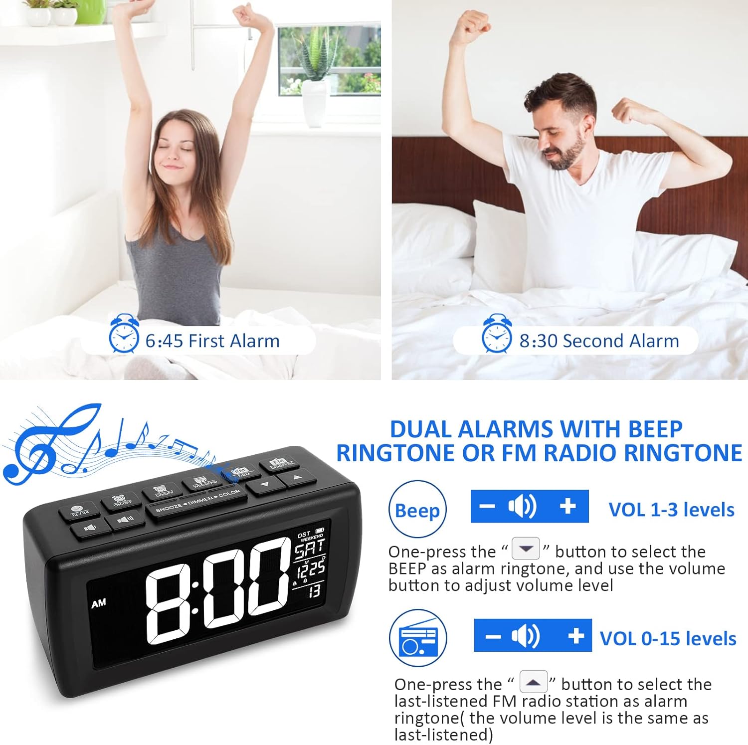 AZUTTA Digital Alarm Clock Radio showing two different alarm times and options for beep or FM radio ringtone.