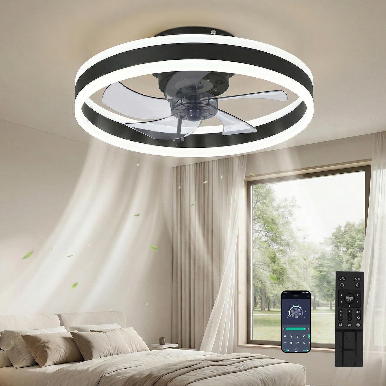 DATO Deckenventilator mit Beleuchtung, 3 Farbtemperatur und 6 Geschwindigkeiten, APP/Fernbedienung Leise Dimmbar, Schwarz, 50CM