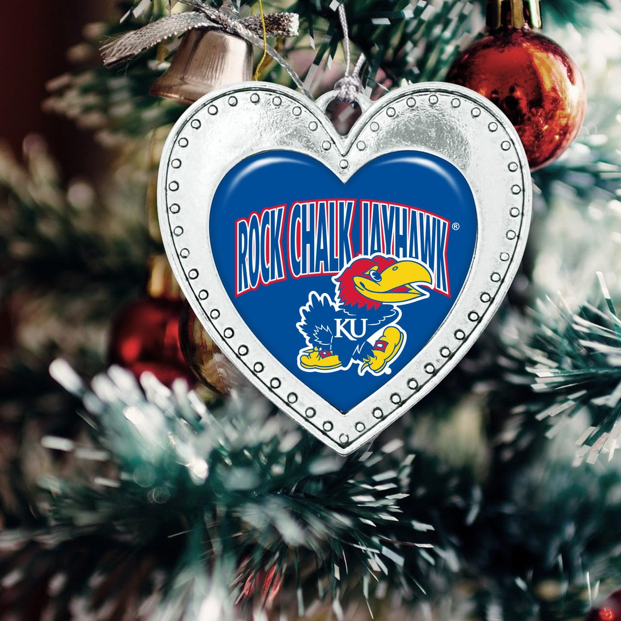Kansas Jayhawks Rock Chalk Jayhawk Christmas Heart Shape Silver Metal Ornament Gift Tree Decoration KU