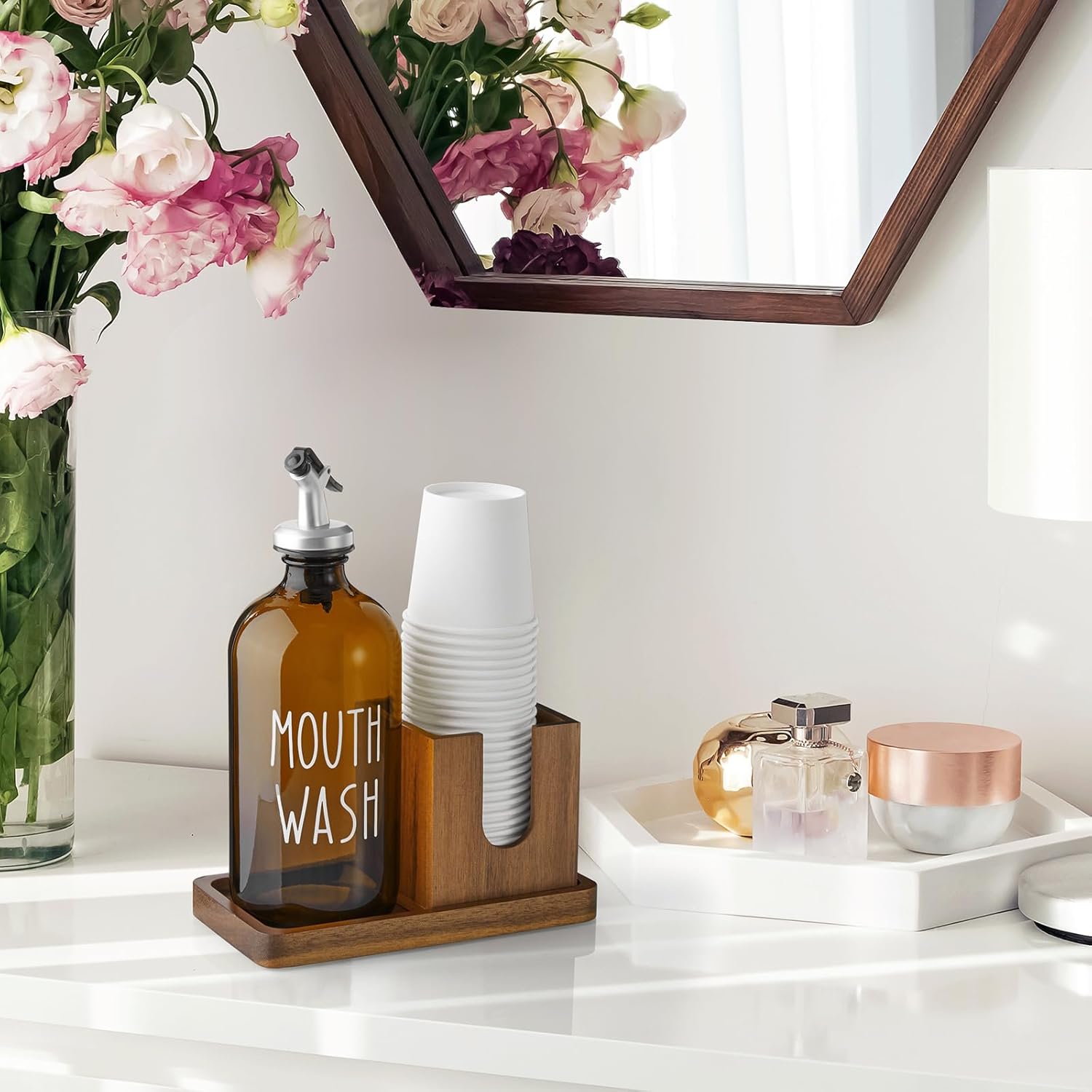 Amber Glass Mouthwash Dispenser for Bathroom, 16 OZ Mouthwash Dispenser with Pour Spout and Acacia Wood Cup Holder and Tray, Mouth Wash Bottle Container for Kitchen Bathroom Decor and Accessories - Image 7