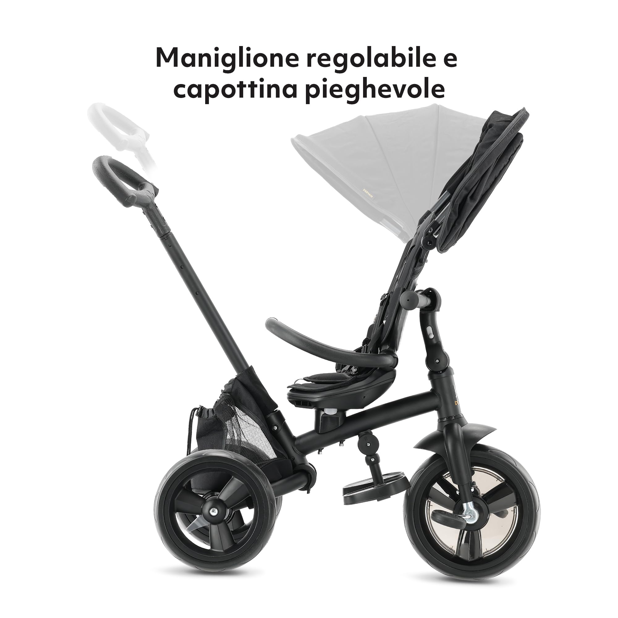 Deryan Explorer Triciclo da 9 Mesi fino a 25 kg – Triciclo per Bambini con Maniglione di Spinta – Sedile Girevole – Tettuccio Estensibile con Protezione Solare – Nero