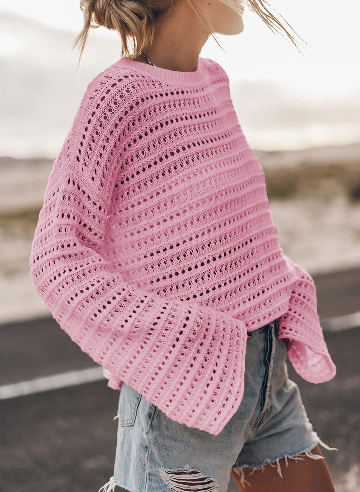 Sidefeel Womens Summer Sweaters 2026 Lightweight Casual Long Sleeve Crochet Tops Hollow Out Knit Pullover Clothing: Medium Pink