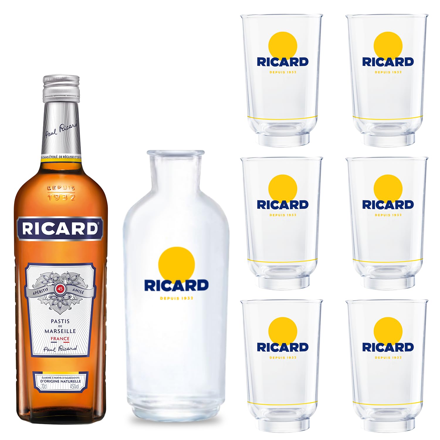Pack RICARD Pastis de Marseille + 6 verres + Carafe Apéritif anisé - 45%, 70cl