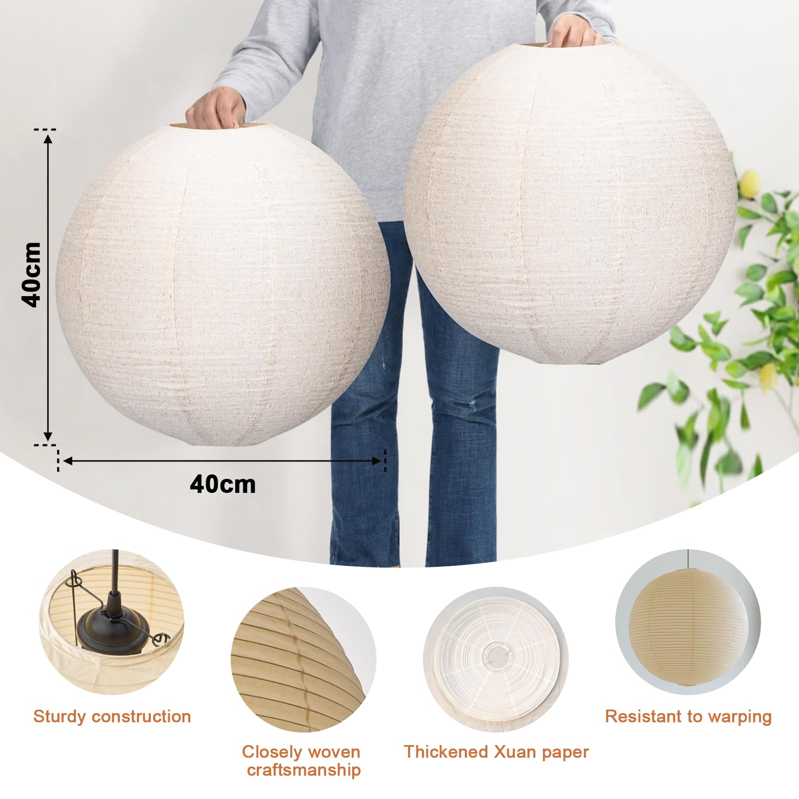 Paralume in Carta di Riso Spessa, Lanterne di Carta Rotonda Moderna, Lampadario Sospeso a Sfera per Illuminazione Ambiente, per Soggiorno, Camera da Letto, Hotel e Feste, 40 cm