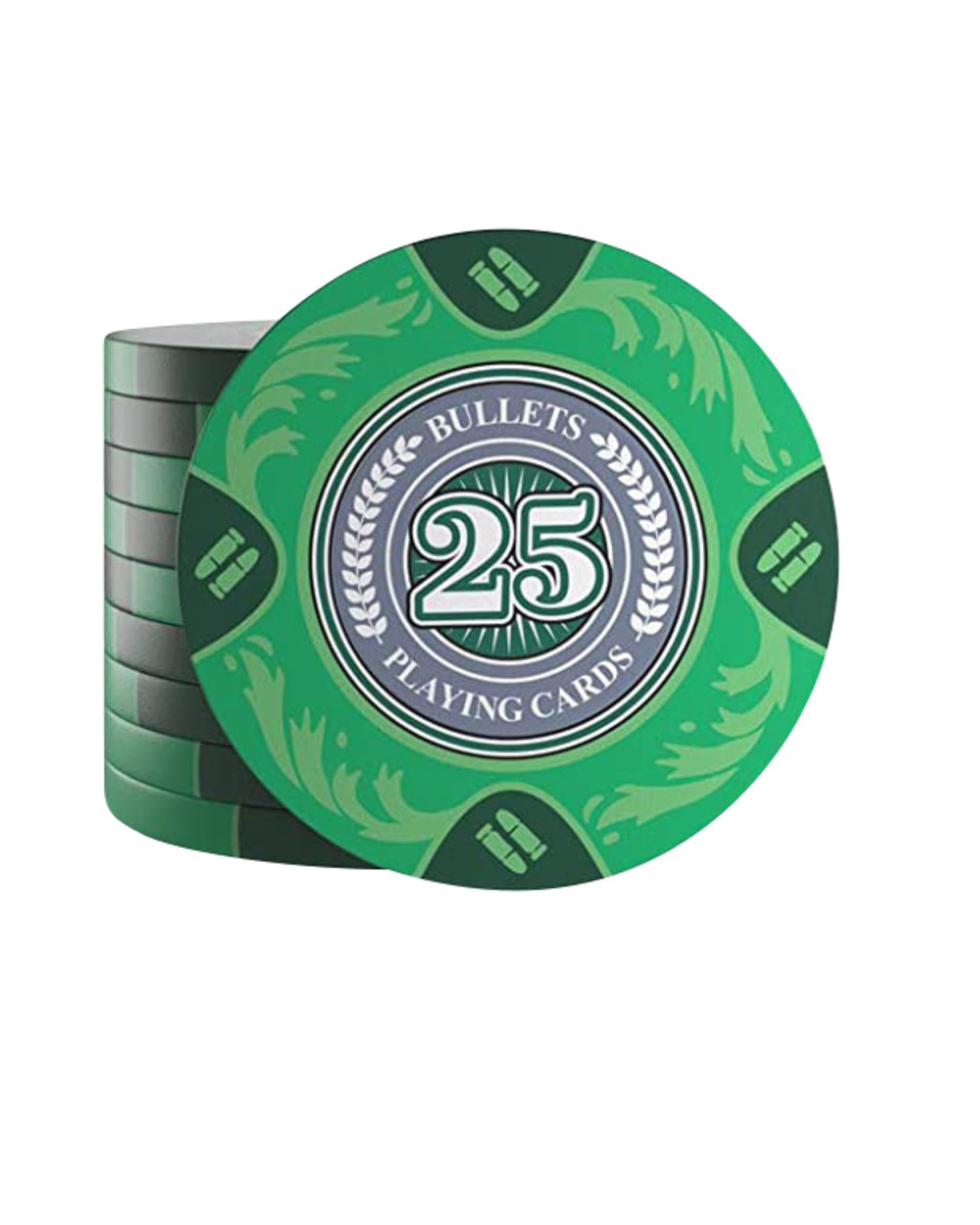 Bullets Playing Cards, 25 Clay Poker Chips Tony for Poker Set, Value 25-14g, 4 cm Diameter, Colour Green