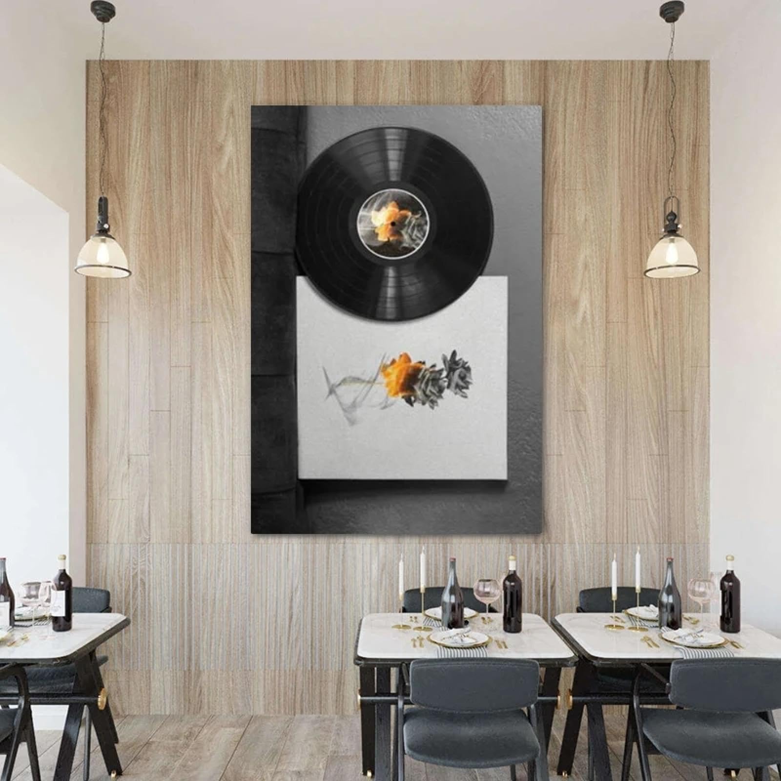 CHAOJIART Plakat z płytą winylową w stylu retro, abstrakcyjna płonąca róża, druk na płótnie, sztuka ścienna, obraz do salonu, dekoracja domu w stylu vintage, 80 x 120 cm, rama wewnętrzna