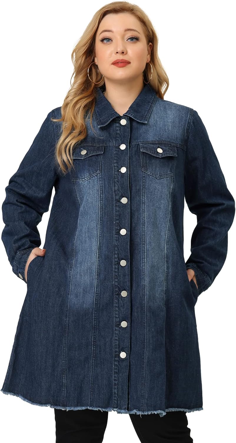 Agnes Orinda Women's Plus Size Denim Jacket Casual Long Distressed Button Up Pockets Jean Jackets Fall Outfits - Image 4