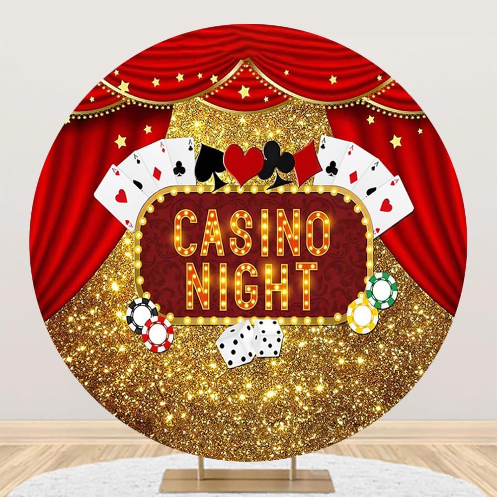 Renaiss 7.2x7.2ft Casino Night Round Backdrop Cover Las Vegas Gold Glittering Circle Photography Background Poker Dice Red Curtains Dress-Up Prom Casino Birthday Party Decors Arch Photo Booth Props