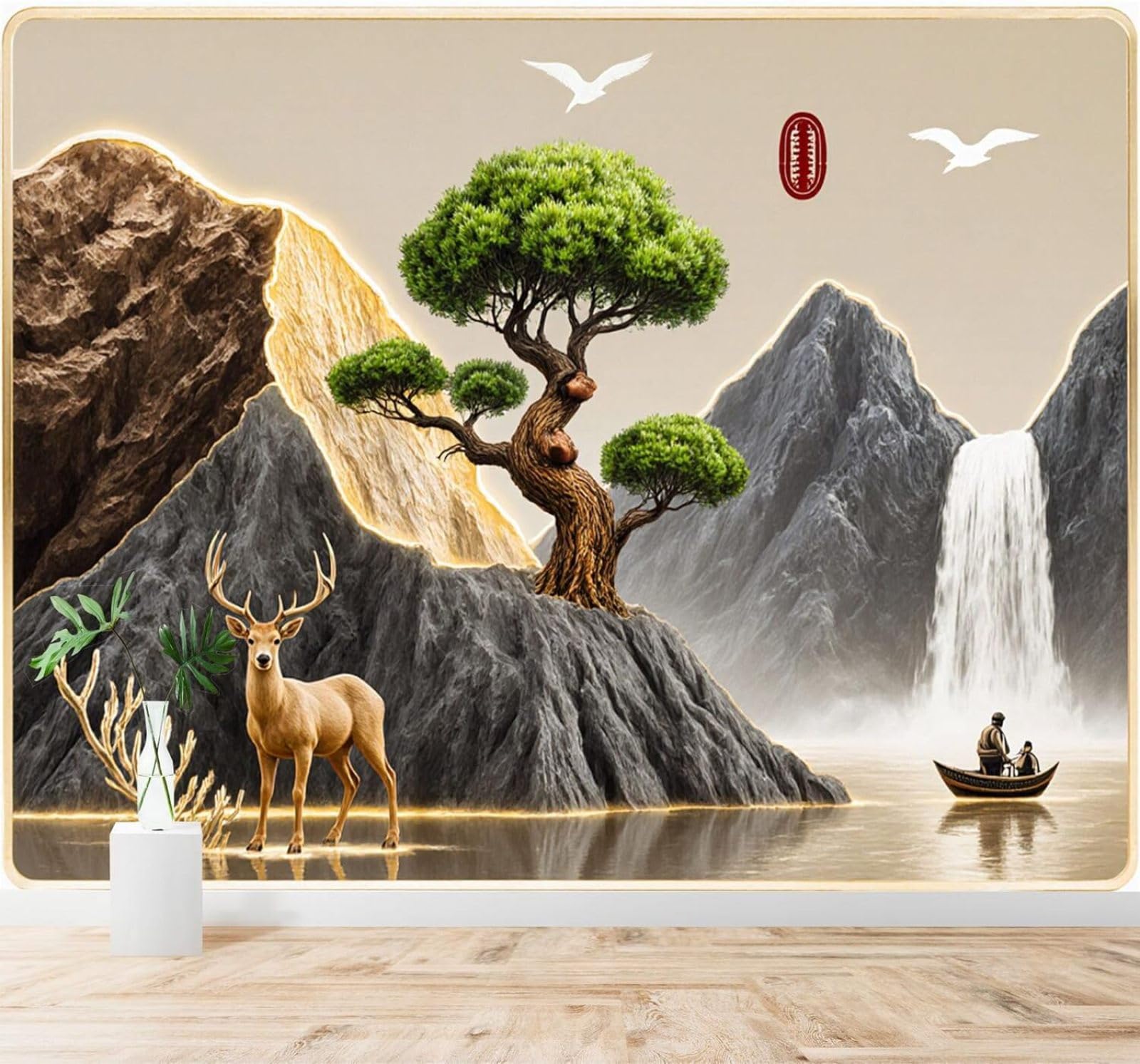 XLMING Deer Bonsai Tree Lake Waterfall Mountain Scenery 3D Wallpaper Silky Texture Home Study Office Grey Dining Room Sofa Bedroom Living Room TV Backdrop-400cm×280cm