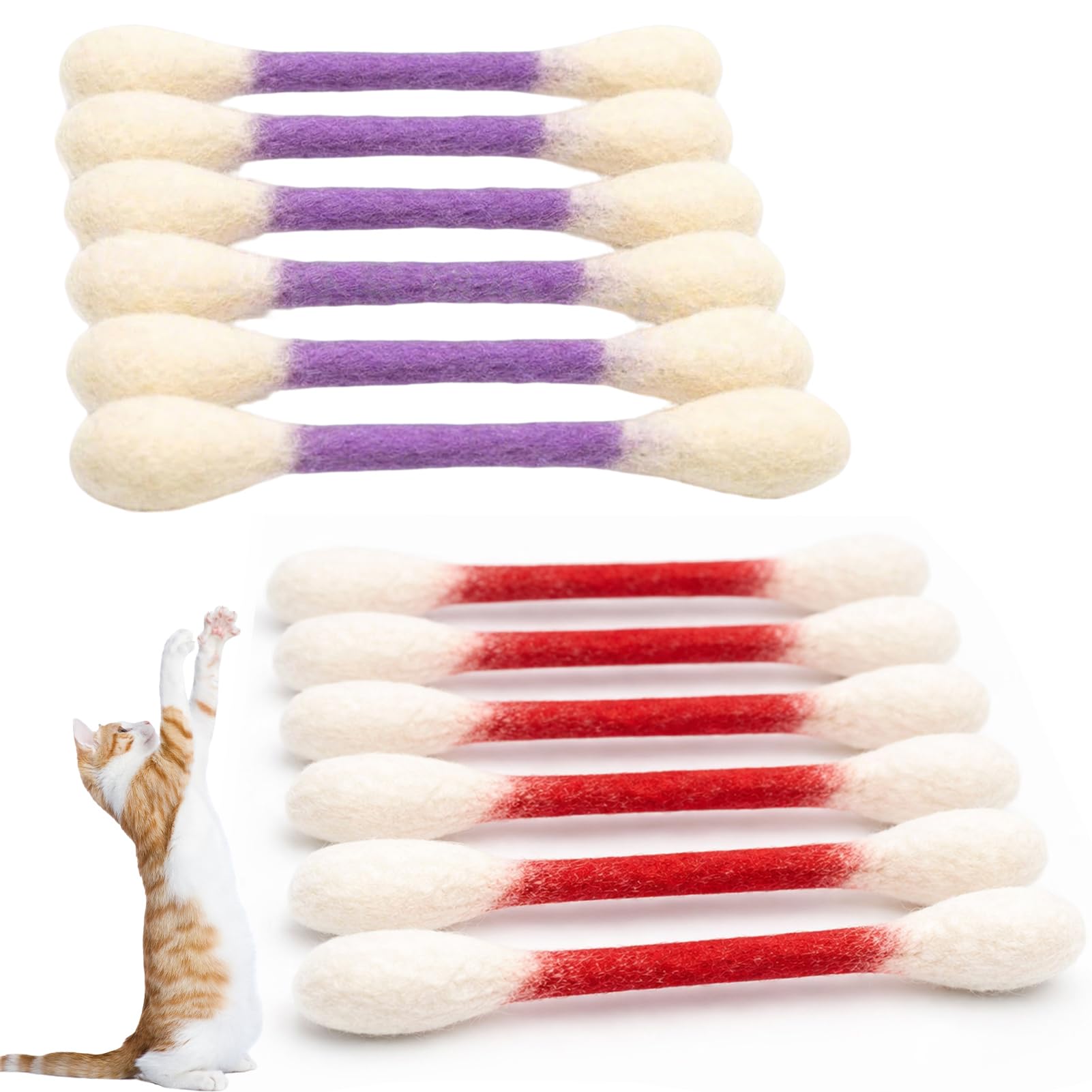 Mfyxde 6/12Pk Cotton Swabs Cat Toys with Catnip, Giant Cat Q-Tip Toy, Big Interactive Felt Kitten Chew Sticks Kicker Toy, Safety ＆ hygiene, Lover Gift Accessories (6*Purple+6*Red)