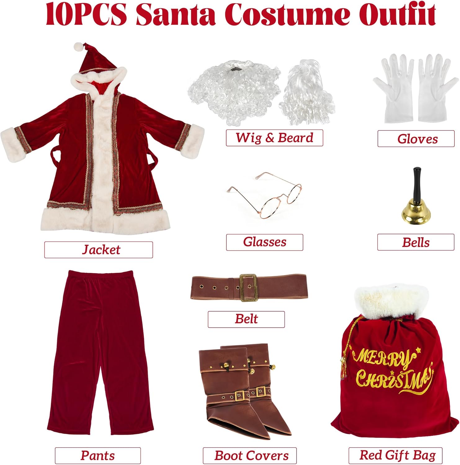 Santa Claus Costume for Men Deluxe Velvet Santa Suit 10PCS Adults Christmas Outfit Xmas Holiday Cosplay Set - Image 6