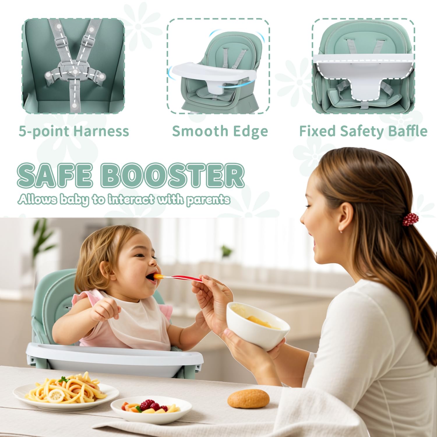Kinder King 8 in 1 Baby High Chair, Coverts to Dining Booster Seat/Kids Table & Chair Set/Toddler Building Block Table/Kids Stool, Removable Tray & Double Seat Cover, Easy to Wipe, Green & White