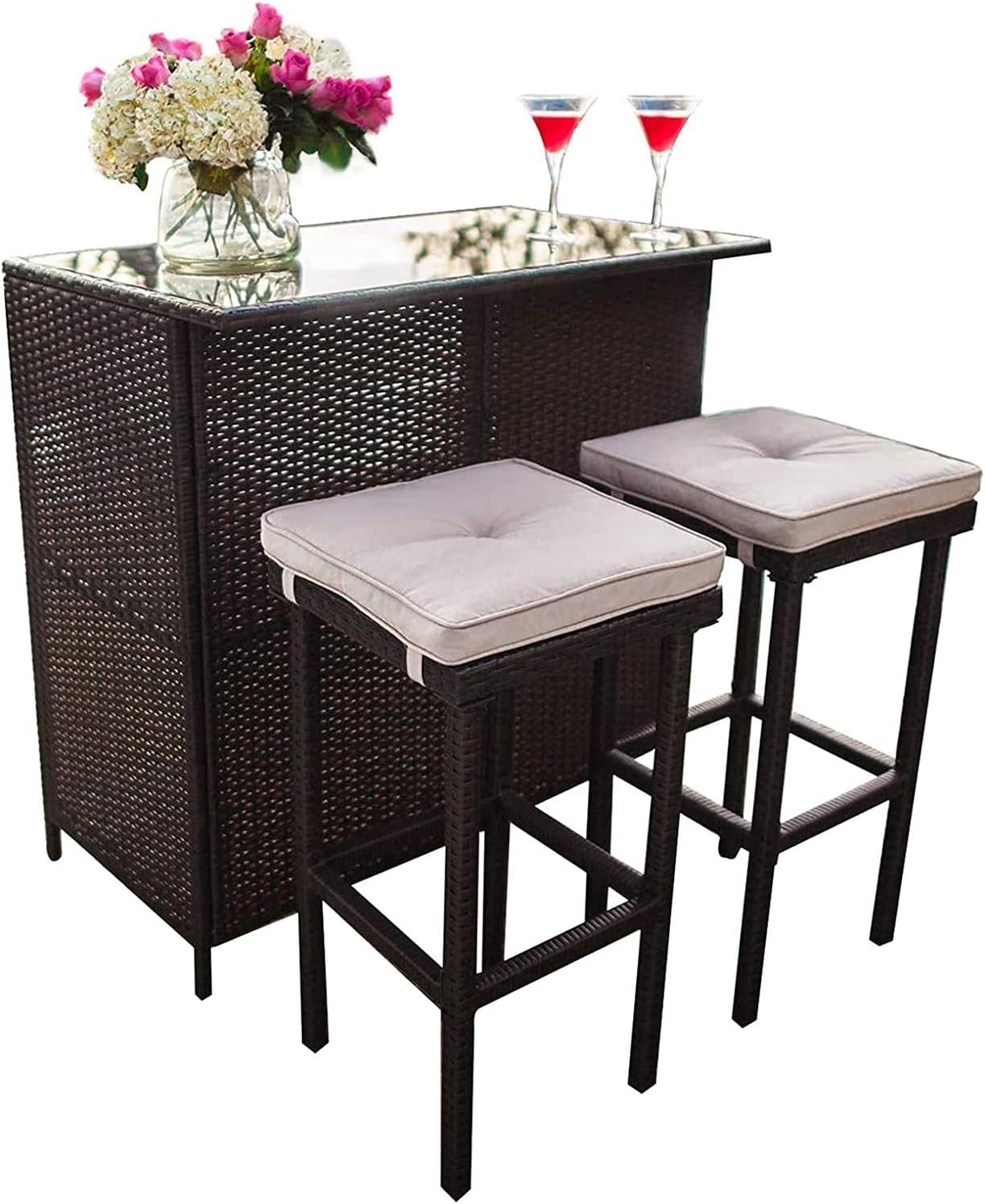Cemeon Outdoor Bar 3-Piece Patio Bar Set with Two Stools and Glass Top Bar Table Brown Wicker Patio Furniture with Removable Cushions : Patio, Lawn & Garden