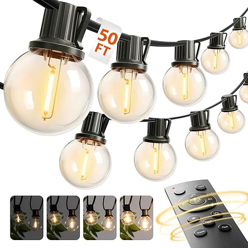 addlon Tira de luces para exteriores G40 de 50 pies con control remoto, 27 bombillas LED inastillables, luces regulables para patio, impermeables,