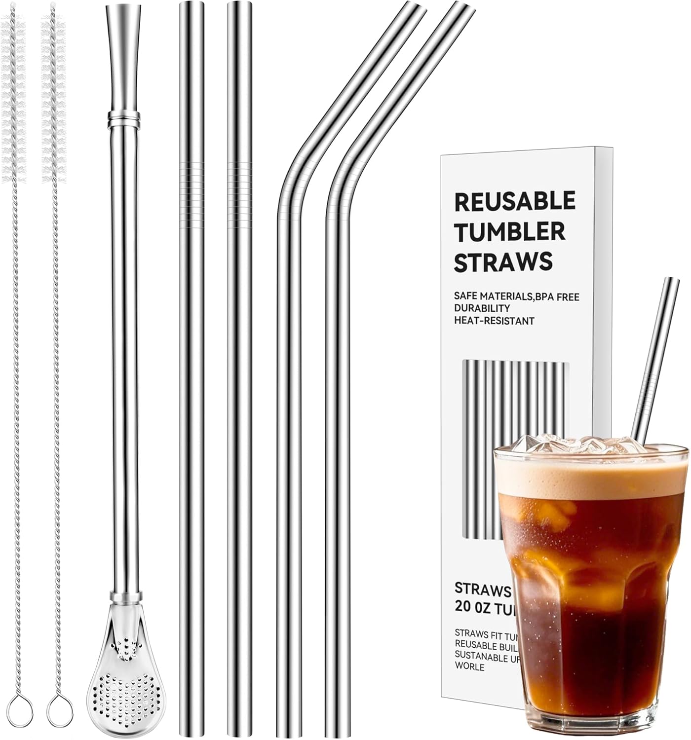 6mm (0.24") Diameter Stainless Steel Straw - 215mm (8.5") Long, Ideal for Coffee, Tea & 16oz Travel Mugs - Slim Fit & Reusable