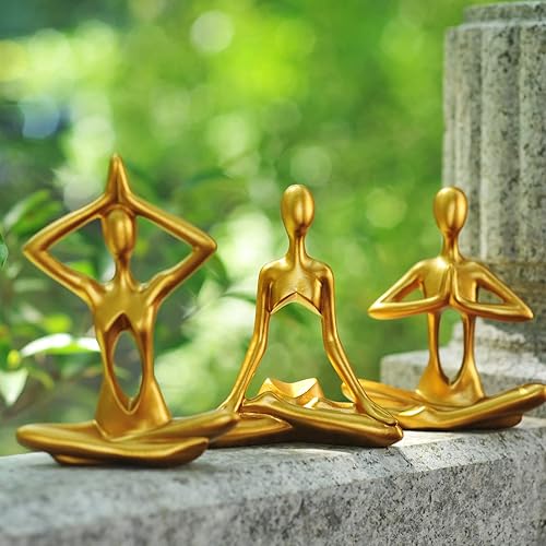 Miniatura 7 de Figuras doradas para decoración del hogar, 3 piezas, estatuas de yoga, estantería, decoración de estante dorado, decoración de oficina, escultura