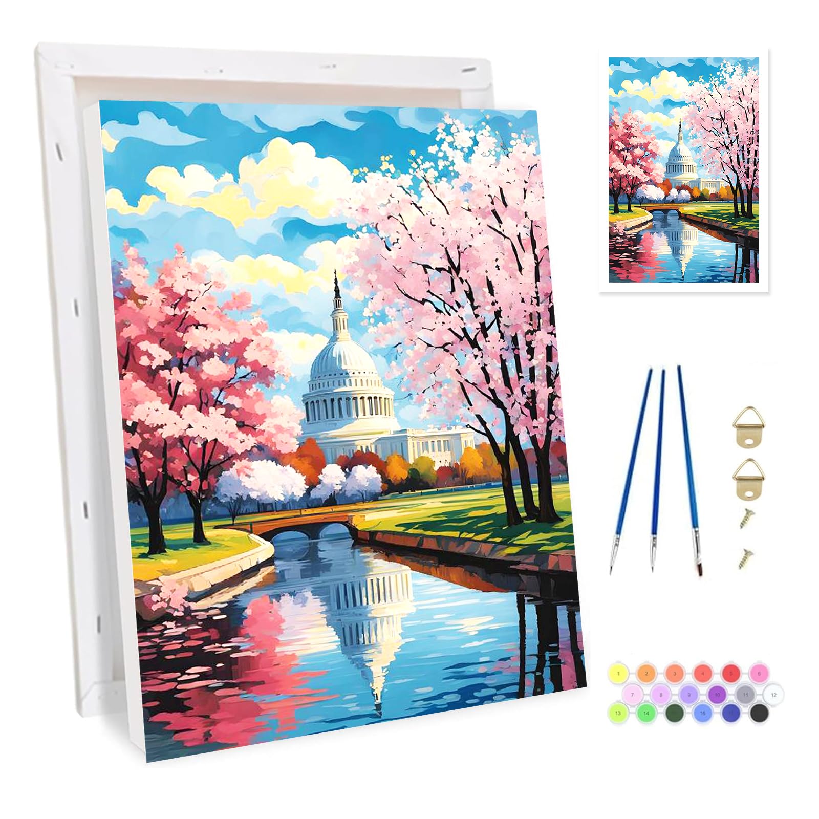 Bowetile Framed Castle Paint by Numbers for Adults, Cherry Blossom Landscape Painting by Numbers Kit for Adults Beginners Canvas Kit, DIY Color Oil Painting Acrylic Paints for Home Wall Decor 20x30cm