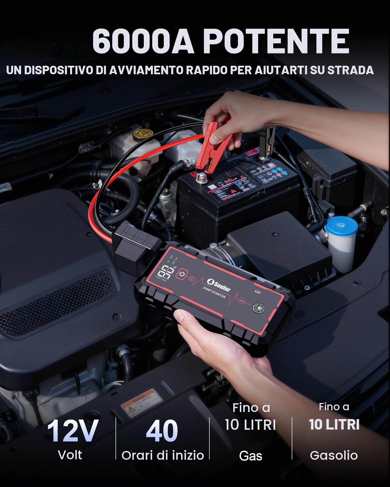 Batteria di avviamento per auto, portatile, 6000 A