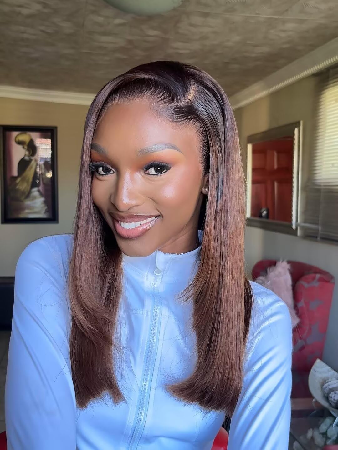 Layered Cut Straight Human Hair Lace Front Wig #1B/30 Ombre Color M Shaped Logos Hairline Real Skinlike HD 13X4 Full Lace Frontal Wig Ombre Brown Brazilian Remy Hair Wigs Bleached Knots 18Inch
