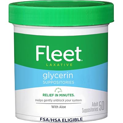 Fleet Glycerin Suppositories for Constipation Relief, Fast and Effective Stimulant-Free Laxative with Aloe Vera, 50 Count Jar