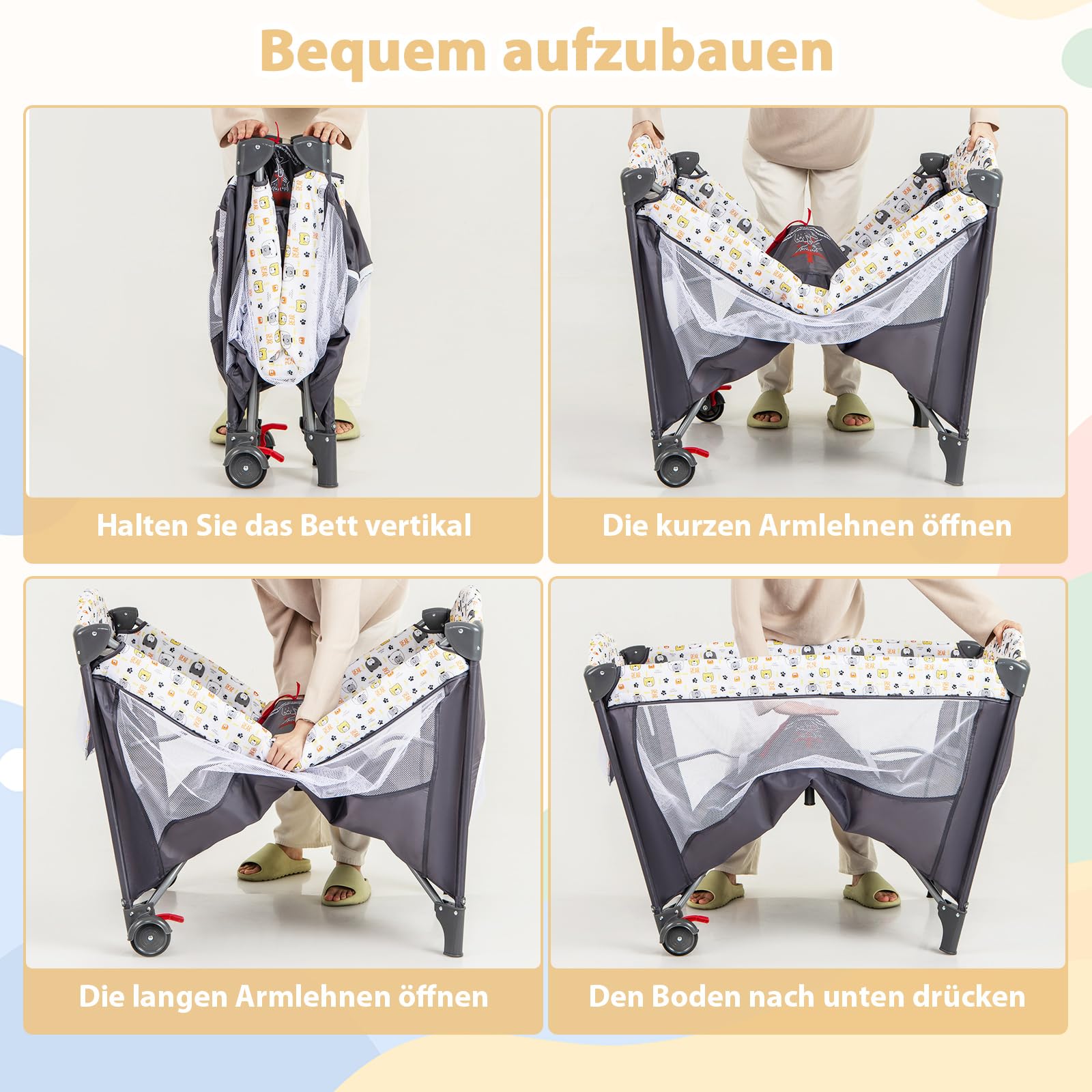 DREAMADE Reisebett mit Matratze, 5 in 1 Beistellbett Baby mit Rollen & Wickelauflage & Spieluhr, 110×76cm Babybett mit Tragetasche, für Neugeborene & Baby (Bunt)