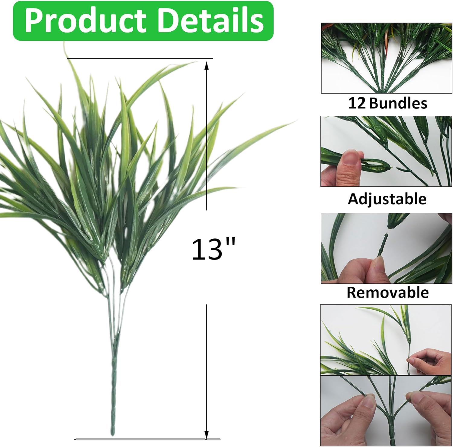 12 Bundles Artificial Outdoor Plants UV Resistant Fake Grass Plants Faux Plastic Greenery Shrubs for Home Garden Pathway Window Box Front Porch Spring Summer Decor, Green