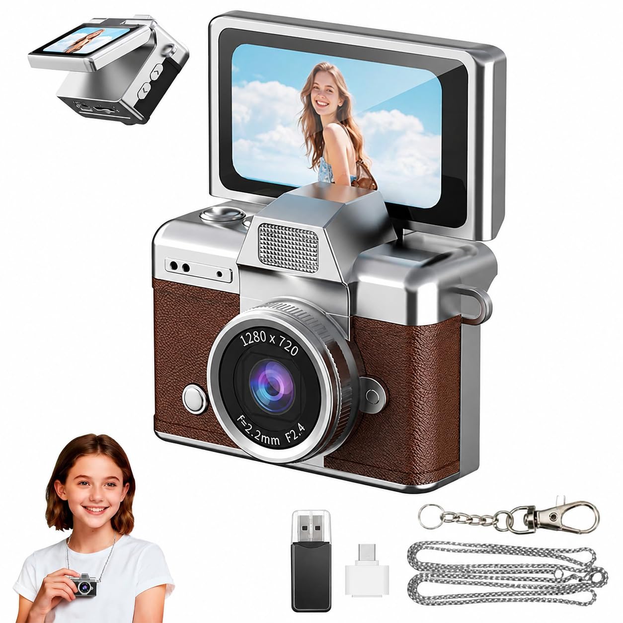 Mini Keychain Camera | Retro Digital Camera with 1.47 Inch IPS Flip Screen | Portable Pocket Camera with 6 Filters (Brown)-picture-16