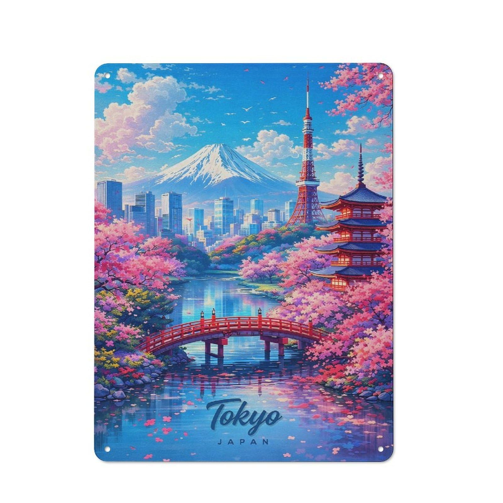 Junmoney Style Tin Wall Plaque 40X30cm With Tokyo Cityscape With Mount Fuji And Cherry Blossoms For Hallway Wall, Suited To Hallway Decor Lovers, For Retro Home Interiors